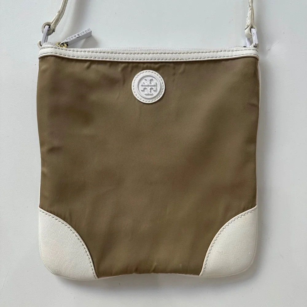 Tory Burch Crossbody Bag Tan Nylon White Leather OS Read Desc As-Is Project TLC
